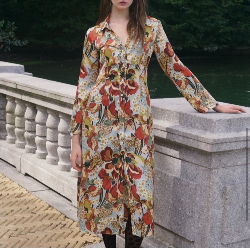 Zara Satin Effect Print Dress Floral button down 70s